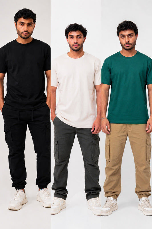 Combo de 3 camisetas basicas Zenth en negro, crudo y verde